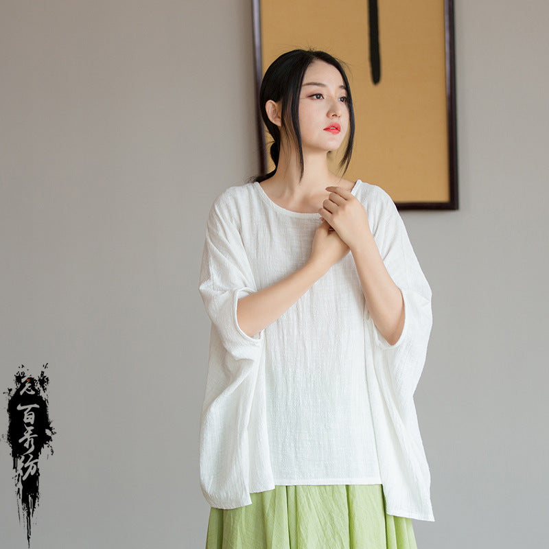 23 spring and summer cotton and linen women's new design sense of bamboo linen light and artistic loose bat sleeve women's sunscreen T-shirt 