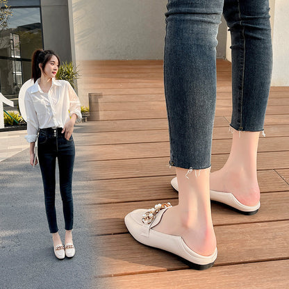 Single shoes women's flat bottom 2023 new spring peas shoes British style retro small leather shoes slip-on loafers for women 