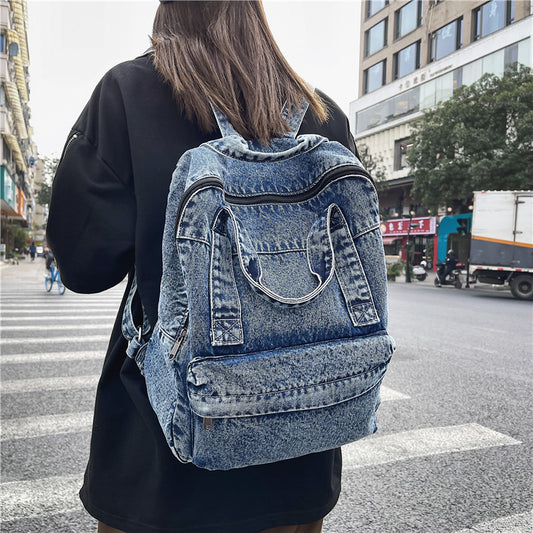 2023 New Harajuku ulzzang washed denim backpack trendy backpack large capacity high school student bag 