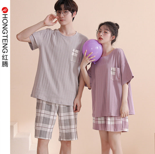 Summer couple pajamas female cute pullover short-sleeved knitted cotton casual men's shorts suit can be worn outside home clothes