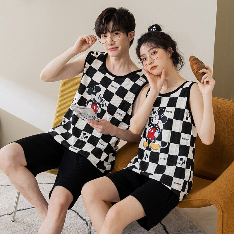 [Strictly Selected] Summer Knitted Cotton Couple Pajamas Women's Vest Shorts Thin Section Casual Men's and Women's Homewear Set