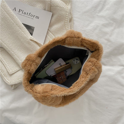 Autumn and winter new plush tote bag ins Japanese bear large capacity shoulder bag versatile student class hand bag 