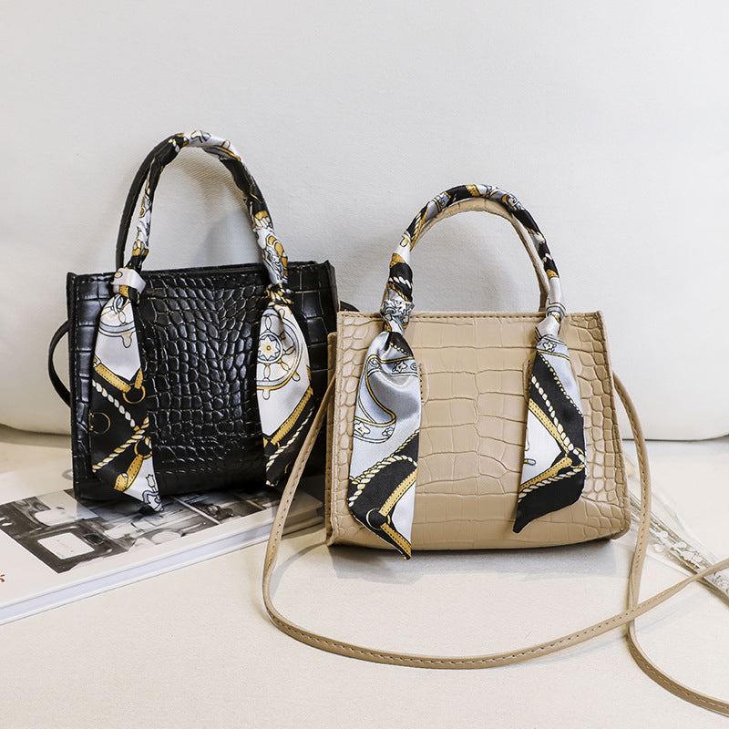 丝巾手提包2021ladies handbag外贸女包包女菱格链条鳄鱼纹斜跨包