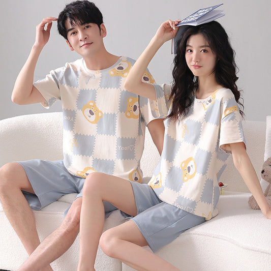 Summer short-sleeved pullover couple pajamas men and women cotton gradient cartoon casual breathable outer wear home service suit