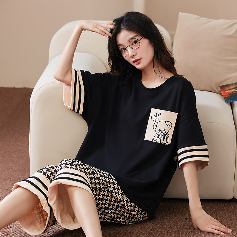 Pajamas women's summer short-sleeved cropped pants dignified and comfortable cotton large size pajamas pullover mother can wear home clothes