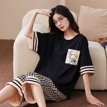Pajamas women's summer short-sleeved cropped pants dignified and comfortable cotton large size pajamas pullover mother can wear home clothes