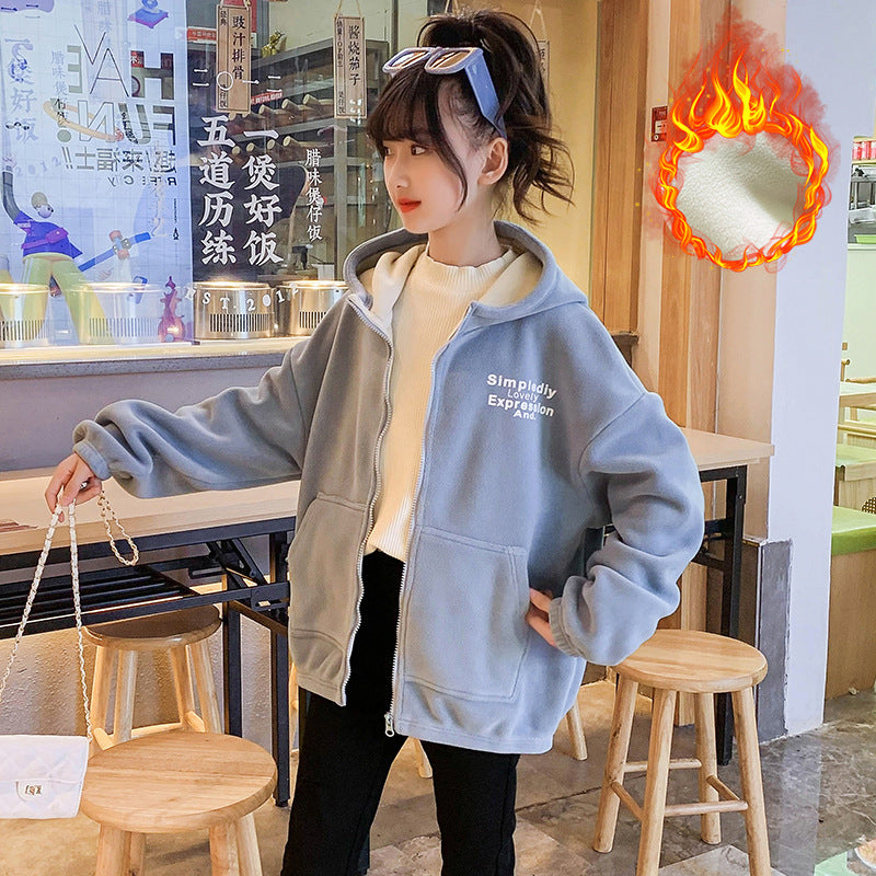 Girls winter clothes 2024 new double-sided fleece warm polar fleece thickened plush cardigan jacket hooded sports style