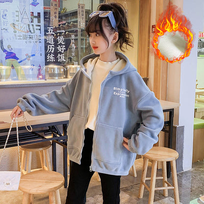 Girls winter clothes 2024 new double-sided fleece warm polar fleece thickened plush cardigan jacket hooded sports style