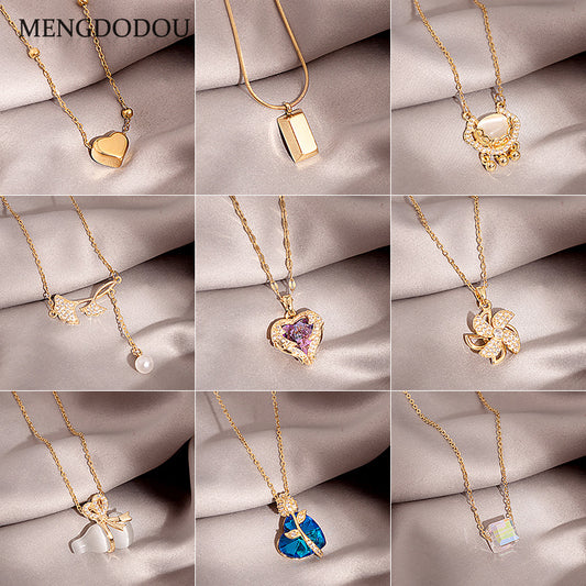 Douyin Explosive Titanium Steel Necklace Light Luxury Micro-inlaid Longevity Lock Maple Leaf Jade Gourd Turnable Windmill Pendant Clavicle Chain 