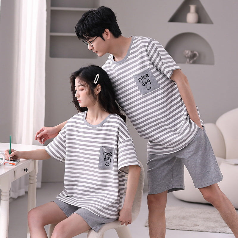 Summer short-sleeved couple pajamas women's simple high-grade cotton pullover shorts men's comfortable and wearable home service suits