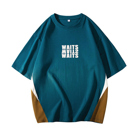 2023 New Casual Printed Bottom Shirt Stitching High-Level Summer Tide Brand Round Neck Short-sleeved T-Shirt Men's Versatile 