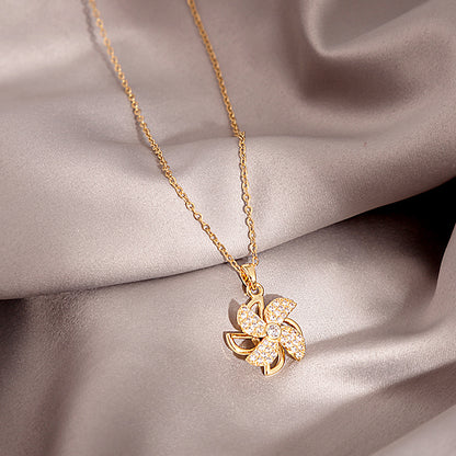 Douyin Explosive Titanium Steel Necklace Light Luxury Micro-inlaid Longevity Lock Maple Leaf Jade Gourd Turnable Windmill Pendant Clavicle Chain 