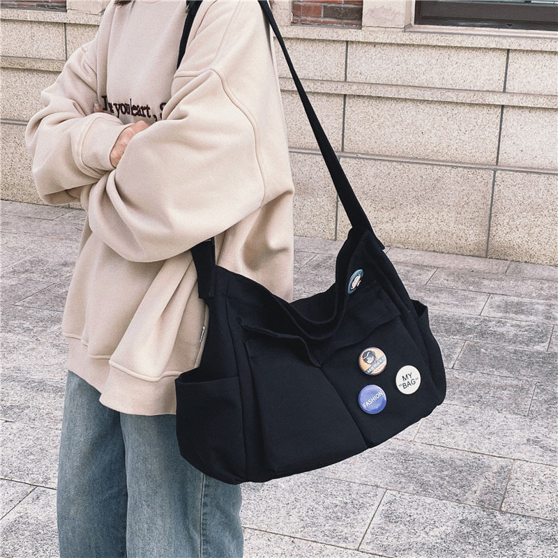 Literary youth shoulder bag ins versatile large-capacity canvas bag summer college student class bag crossbody bag women's bag 
