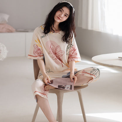新款纯棉睡衣女夏季短袖七分裤韩版休闲夏天薄款可外穿家居服套装