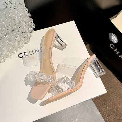 Super fairy snowflake buckle high transparent word belt 2023 summer new crystal heel sandals women's thick high-heeled outerwear slippers 