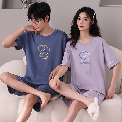 Summer short-sleeved couple pajamas women's simple high-grade cotton pullover shorts men's comfortable and wearable home service suits