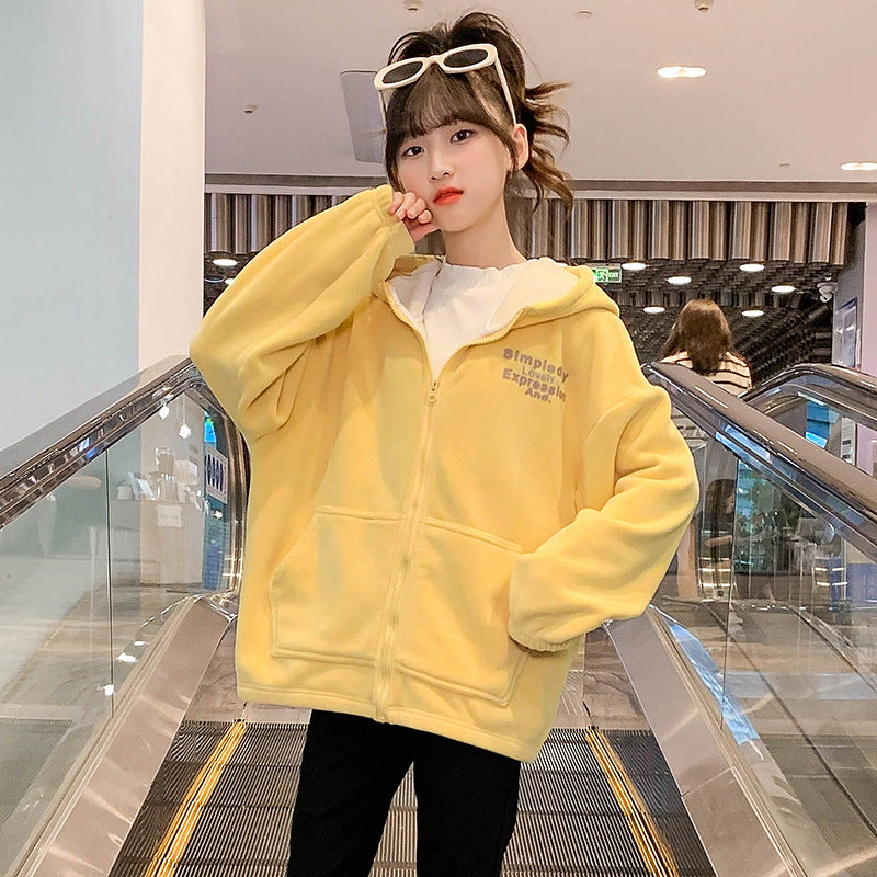Girls winter clothes 2024 new double-sided fleece warm polar fleece thickened plush cardigan jacket hooded sports style