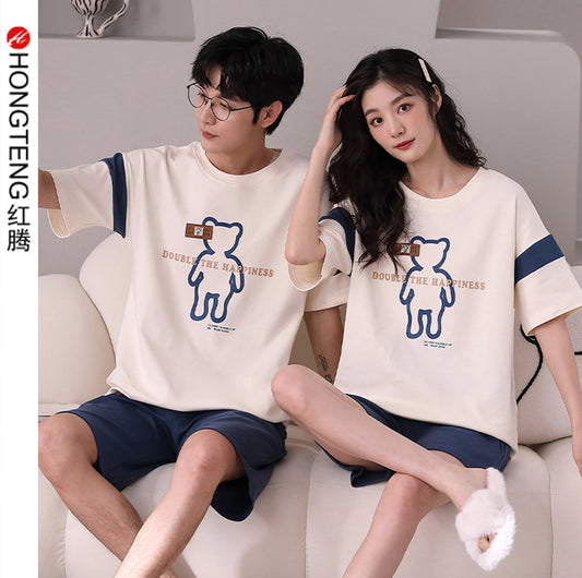 Summer short-sleeved couple pajamas women's simple high-grade cotton pullover shorts men's comfortable and wearable home service suits