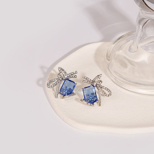 Silver Needle Geometric Blue Crystal Advanced Light Luxury Cold Wind Snowflake Bow Knot Earrings Trendy Cool Zircon Earrings Earrings
