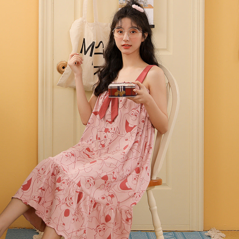 Summer cool suspender nightdress cute and sweet mid-length style with chest pad princess style students can wear home clothes
