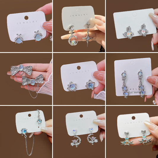 Silver Needle Irregular Opal Moonstone Fairy Earrings Pink Earrings Liquid Metal Gemini Star Moon Earrings Wholesale 