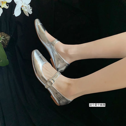葡萄妈studiolee 方圆头纹理感一字带中粗跟单鞋钻扣玛丽珍鞋女