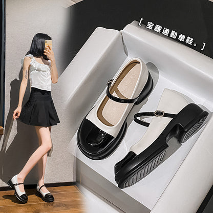 Thick-soled Mary Jane single shoes women 2023 summer new thick-heeled women's shoes color matching French retro small leather shoes women 