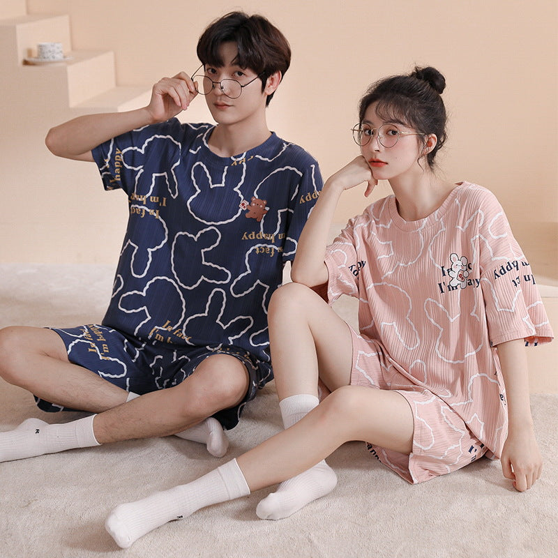 Summer couple pajamas female cute pullover short-sleeved knitted cotton casual men's shorts suit can be worn outside home clothes