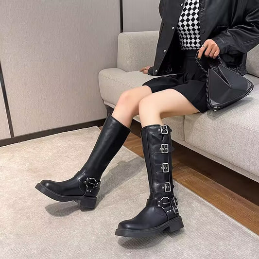 Axigo miu's leather thick-heeled Martin boots women's western cowboy boots women's retro tall belt buckle knight boots 
