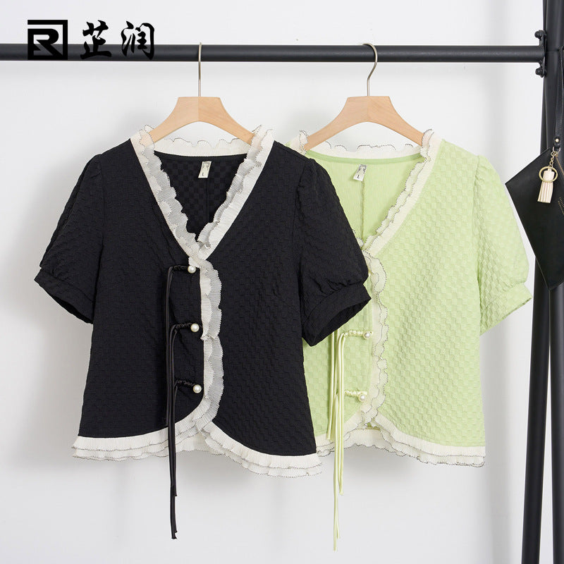 Large size women's fat mm new Chinese style retro buckle shirt 2023 summer new temperament commuter v-neck top 18235 