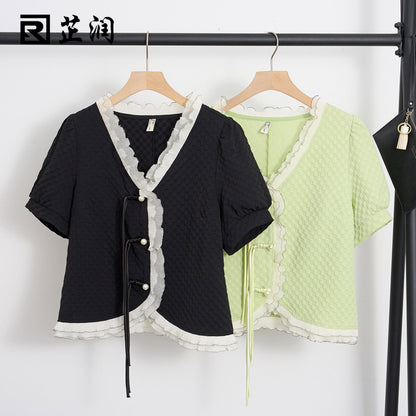 Large size women's fat mm new Chinese style retro buckle shirt 2023 summer new temperament commuter v-neck top 18235 