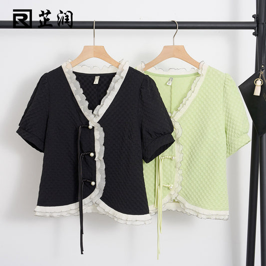 Large size women's fat mm new Chinese style retro buckle shirt 2023 summer new temperament commuter v-neck top 18235 