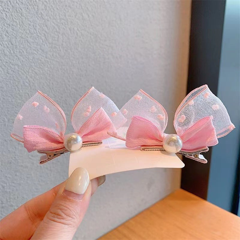 Korean version of pearl three-dimensional bow rabbit ears baby pair clip small fresh seersucker children's hair clip cute headdress 