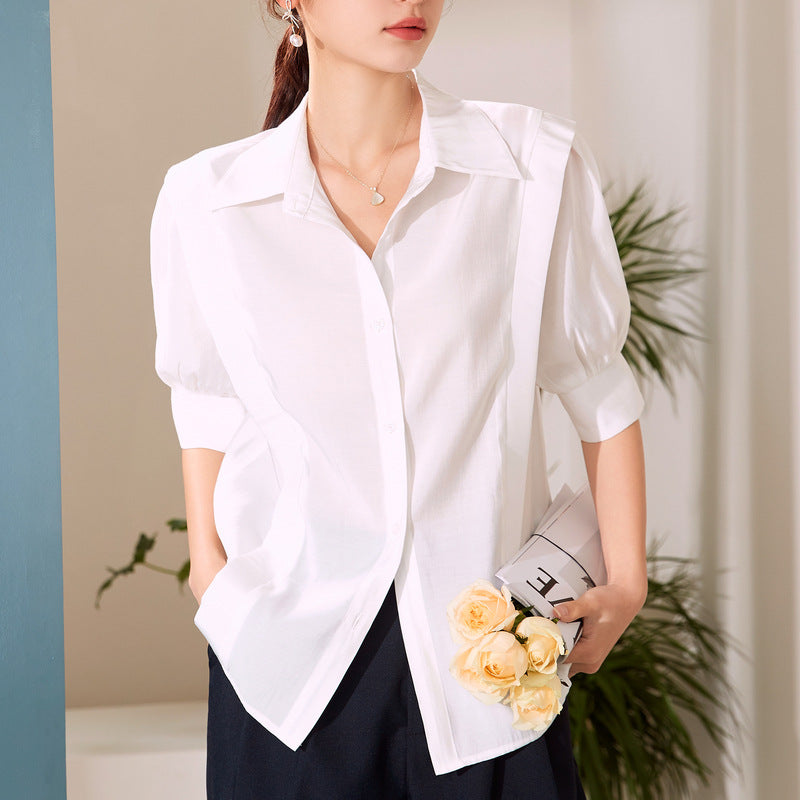 Baizi short-sleeved commuter white shirt women 2023 summer new Korean version all-match urban OL lapel shirt women's clothing 