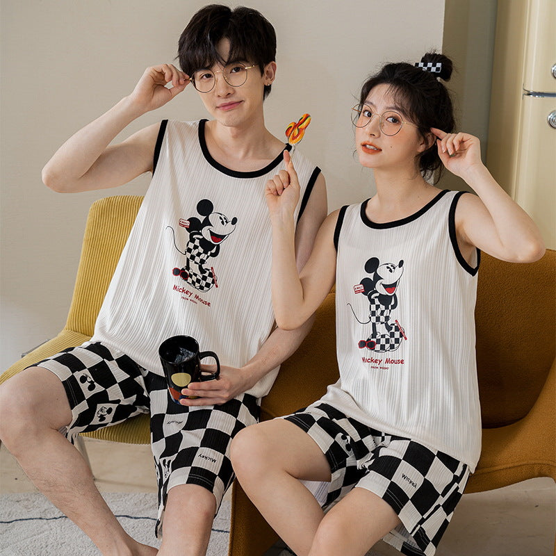 [Strictly Selected] Summer Knitted Cotton Couple Pajamas Women's Vest Shorts Thin Section Casual Men's and Women's Homewear Set