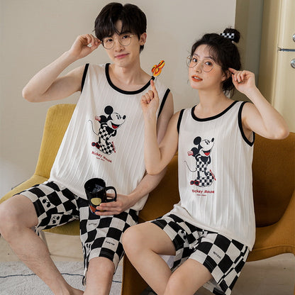 [Strictly Selected] Summer Knitted Cotton Couple Pajamas Women's Vest Shorts Thin Section Casual Men's and Women's Homewear Set