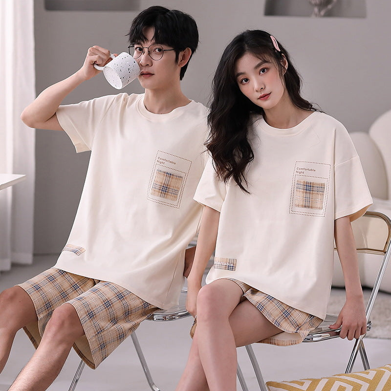 Summer short-sleeved couple pajamas women's simple high-grade cotton pullover shorts men's comfortable and wearable home service suits