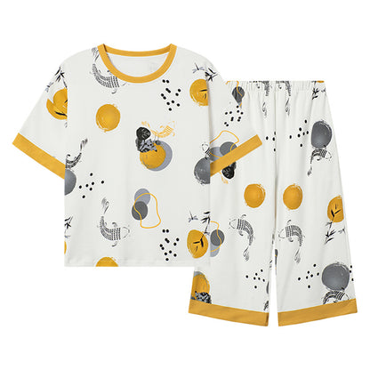 Pajamas women's summer short-sleeved cropped pants dignified and comfortable cotton large size pajamas pullover mother can wear home clothes