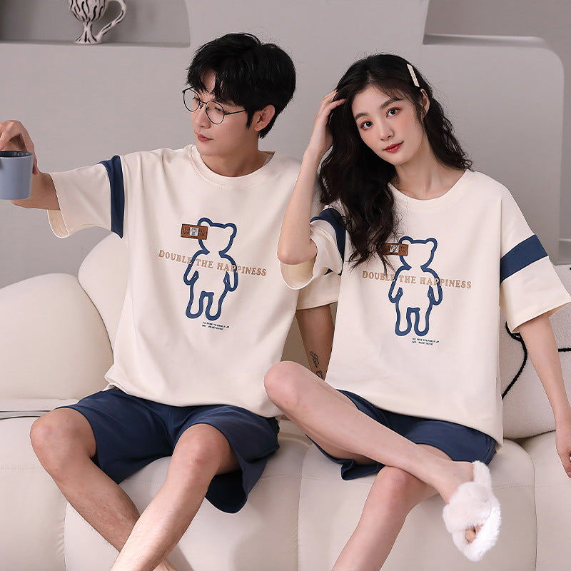 Summer short-sleeved couple pajamas women's simple high-grade cotton pullover shorts men's comfortable and wearable home service suits