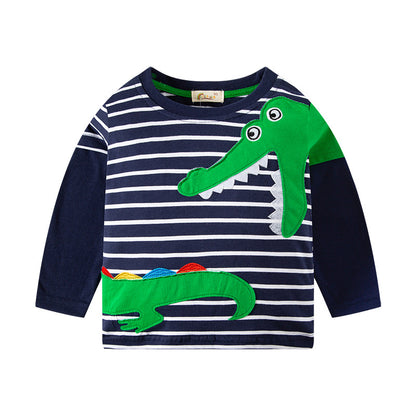 2024 new children's spring and autumn baby striped tops pure cotton fake two-piece cartoon children's clothing manufacturers one piece dropshipping 