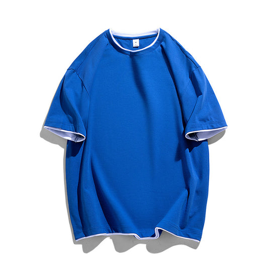 Fake two-piece stitching Klein blue short-sleeved T-shirt men's summer loose net red same style versatile half-sleeved T-shirt 