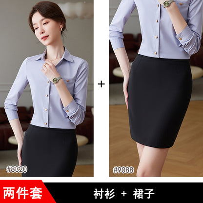 蓝色衬衫女套装春秋季长袖职业正装2023新款白衬衣酒店前台工作装
