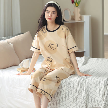 新款纯棉睡衣女夏季短袖七分裤韩版休闲夏天薄款可外穿家居服套装