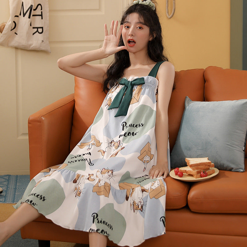 Summer cool suspender nightdress cute and sweet mid-length style with chest pad princess style students can wear home clothes