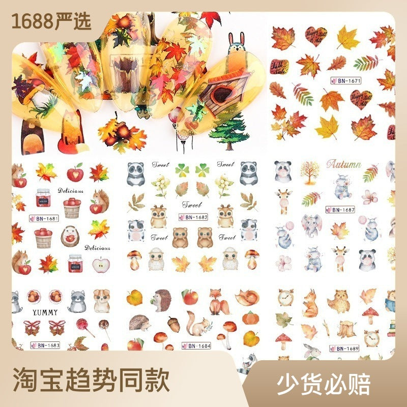 Nail art accessories sticker 12 in one large watermark sticker cartoon butterfly squirrel autumn maple leaf nail sticker 