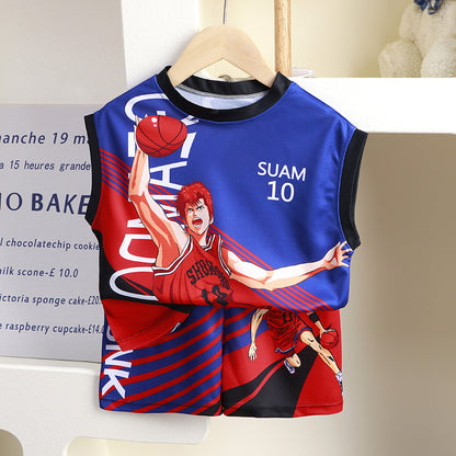 新童装夏季儿童运动球服套装男童短袖套装宝宝篮球服夏季背心短裤