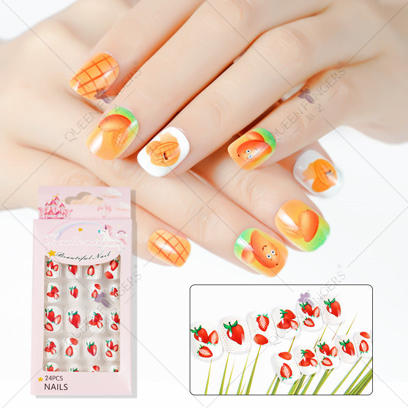 Fingernail Manicure Summer Fruit Series Children's Fake Nails 24 Pieces Strip Cartoon Full Sticker Removable Nail Art Pieces