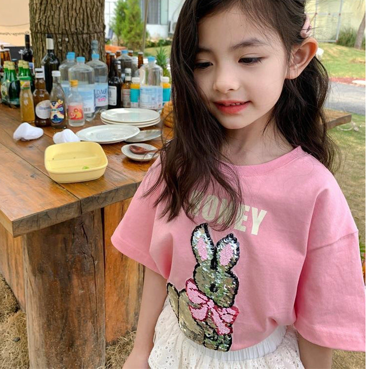 2023 Girls Cute Medium and Large Children Girls Beaded Color Changing Sequined Short Sleeved T Shirts Versatile Loose Tops Trendy 7 MART