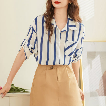 百姿 条纹薄款衬衫女2023夏季新款韩版宽松通勤小众开衫长袖衬衣