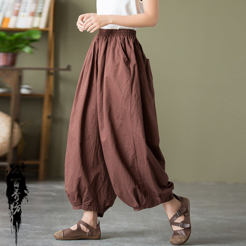 23 spring and summer cotton and linen women's new products sand-washed linen bloomers women's elastic waist loose casual pants nine-point pants 